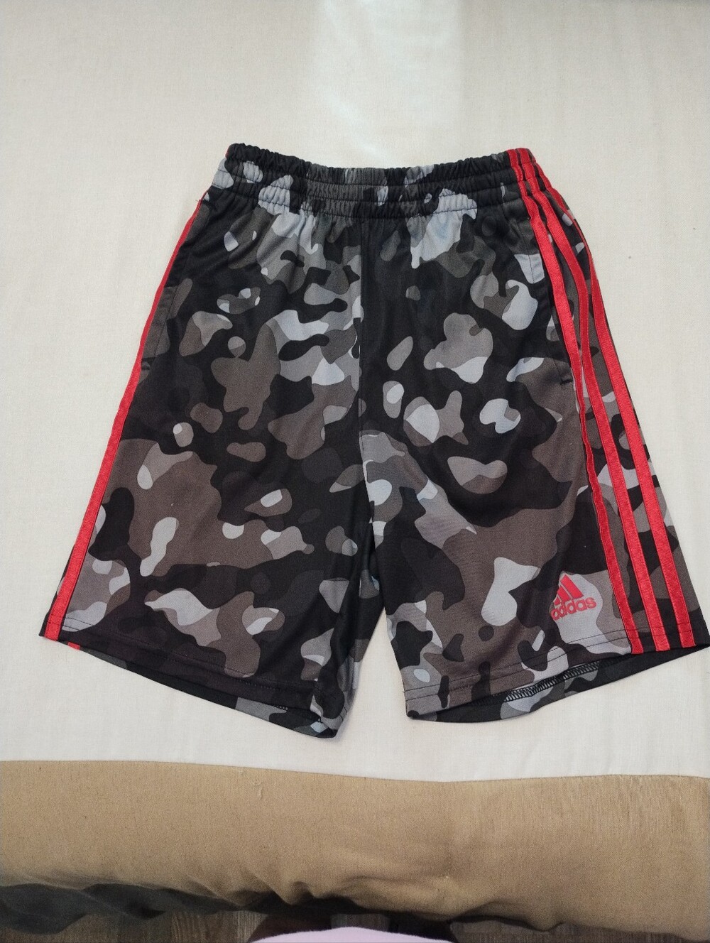 5/$25 - adidas Boys Black & Gray Camo Athletic Shorts with Red Stripes